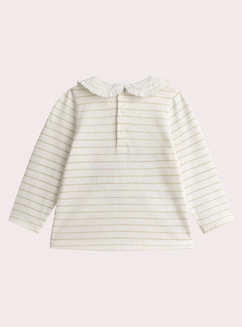 Cream & Gold Stripe Cotton T-shirt With Collar