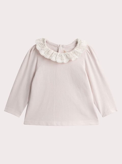 Pink Cotton T-shirt With Ruffle Collar