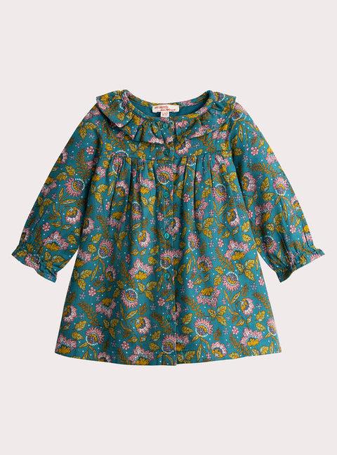 Lined Green Floral Print Cotton Twill Dress