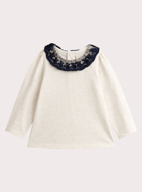 Beige Cotton T-shirt With Navy Broderie Anglaise Collar