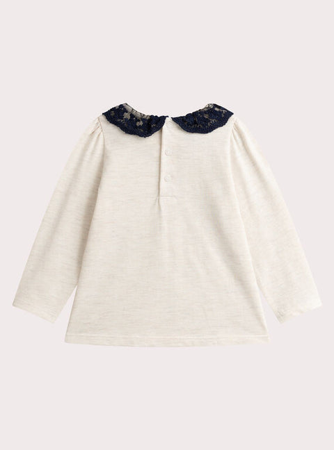 Beige Cotton T-shirt With Navy Broderie Anglaise Collar