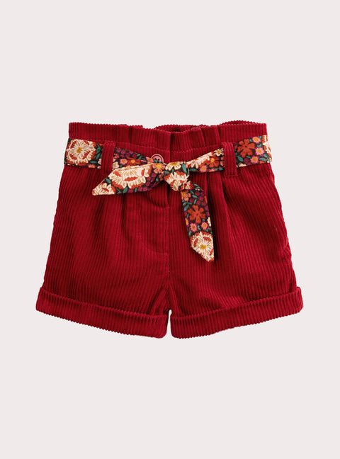 Red Corduroy Short With Fabric Belt