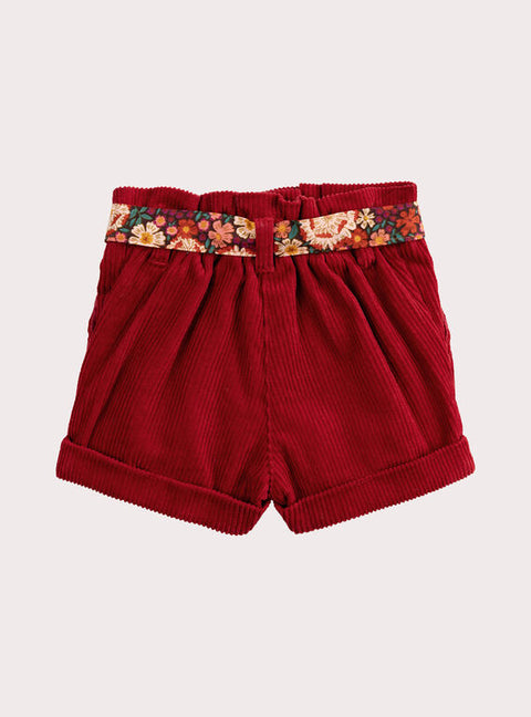 Red Corduroy Short With Fabric Belt