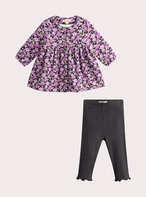 Purple Floral Print Cotton Fleece Dress with Leggings