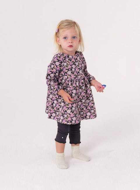 Purple Floral Print Cotton Fleece Dress with Leggings