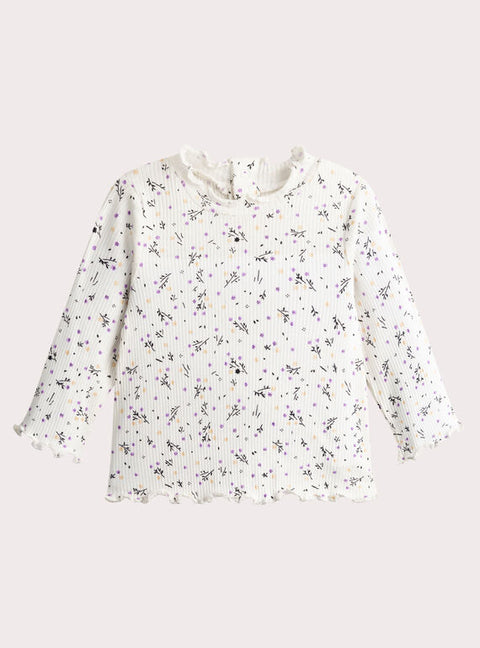 Ribbed Cream Floral Print Cotton Polo Neck