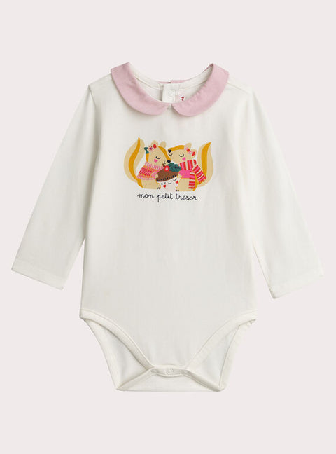 White Hedgehog Print Cotton Bodysuit With Ruffle Collar