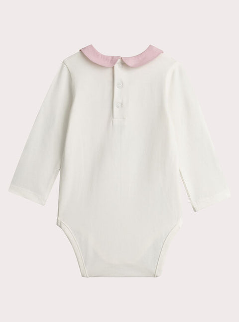 White Hedgehog Print Cotton Bodysuit With Ruffle Collar