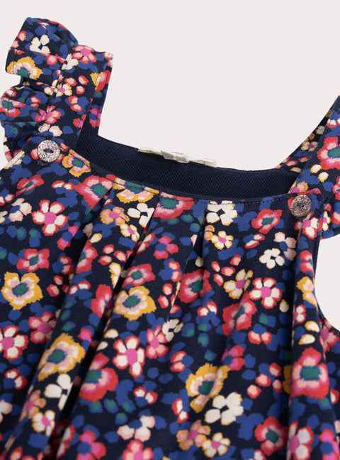 Lined Navy Floral Print Cotton Fleece Dungarees