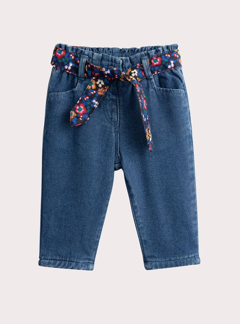 Lined Denim Jeans With Floral Fabric Belt