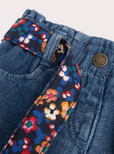 Lined Denim Jeans With Floral Fabric Belt