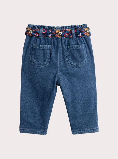 Lined Denim Jeans With Floral Fabric Belt