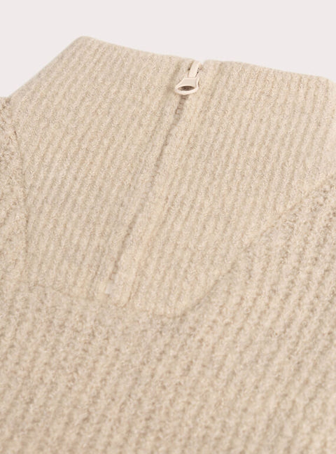 Beige Ribbed Half Zip Jumper