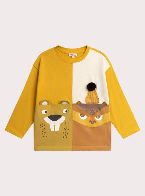 Yellow Beaver & Owl Animation Cotton T-shirt