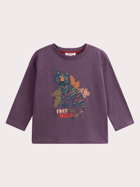 Purple Tiger Print Long Sleeve Cotton T-shirt