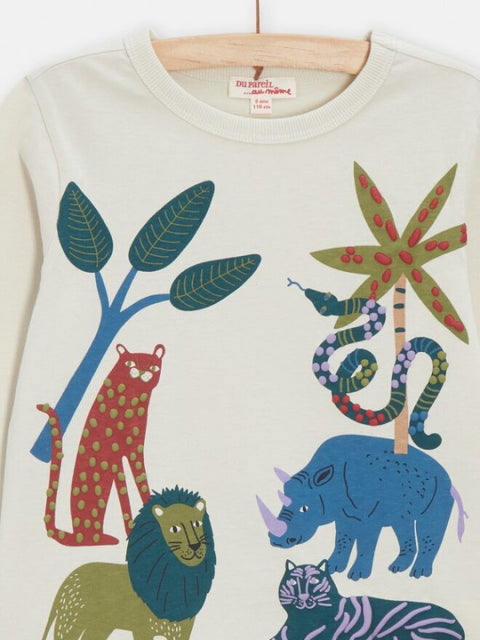 Beige Jungle Animal Print Long Sleeve Cotton T-shirt