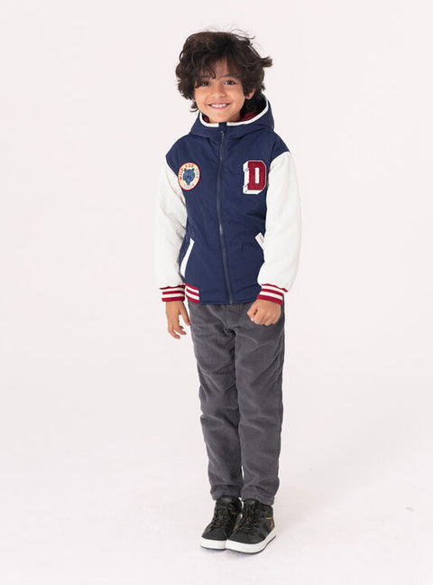 Lined Navy Hooded Baseball Jacket