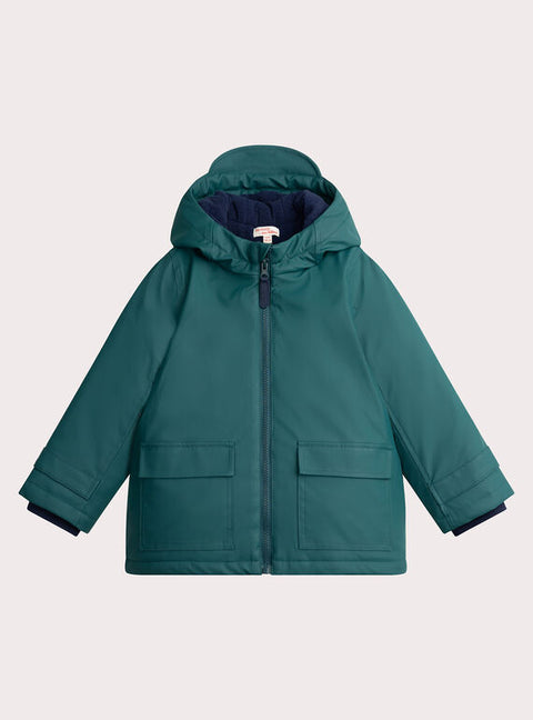 Lined Green Raincoat With Animated Hood