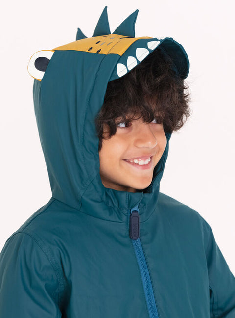 Lined Green Raincoat With Animated Hood