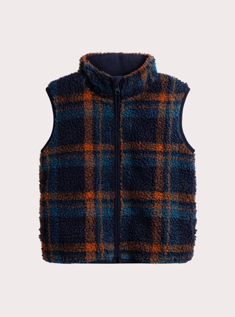 Navy Check Micropolar Lined Fleece Sleeveless Jacket