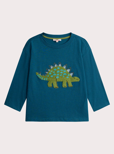 Turquoise Dinosaur Applique Cotton T-shirt