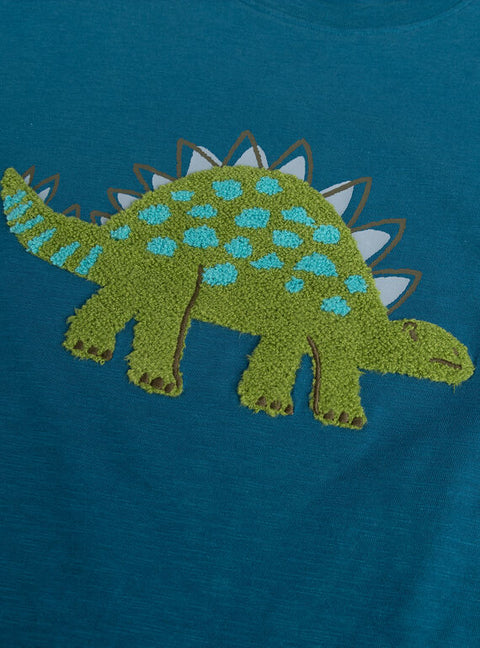 Turquoise Dinosaur Applique Cotton T-shirt