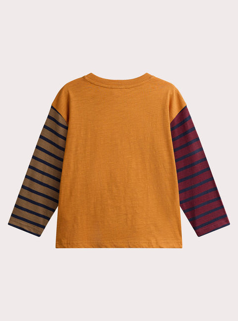 Yellow Cotton T-shirt with Striped Sleeves