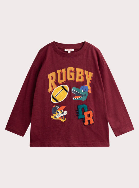 Burgundy Rugby Print Cotton T-shirt