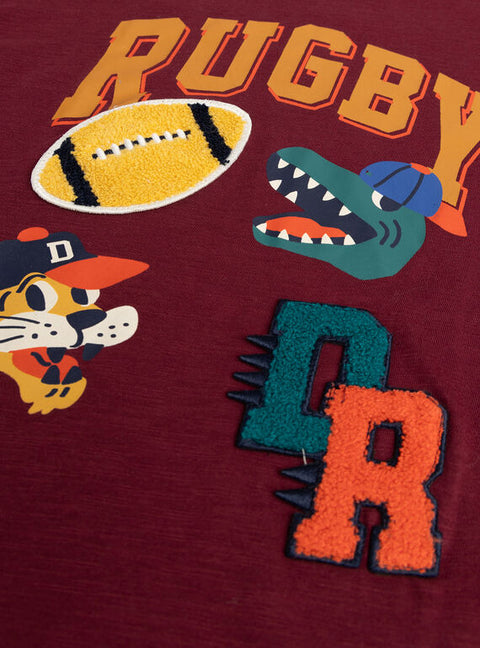 Burgundy Rugby Print Cotton T-shirt