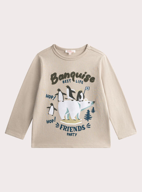 Beige Polar Bear & Penguin Animation Cotton T-shirt