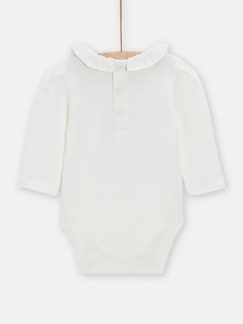 Cream Cotton Bodysuit With Ruffle Collar