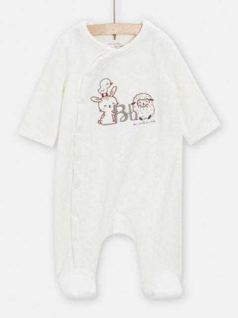 Off White Velour Newborn Sleepsuit