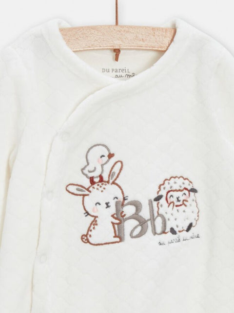 Off White Velour Newborn Sleepsuit