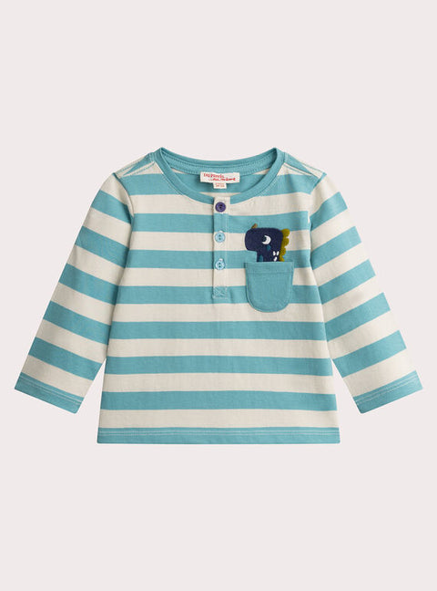 Striped Button Neck Cotton T-shirt