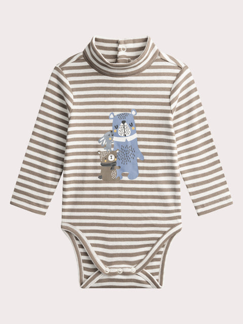 Beige Stripe Cotton Polo Neck Bodysuit