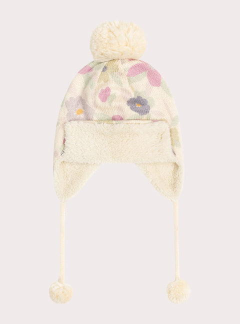 Cream Sherpa Lined Floral Print Hat