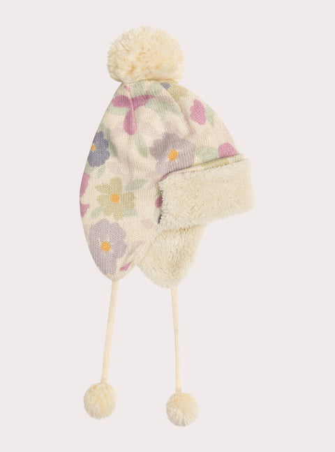 Cream Sherpa Lined Floral Print Hat