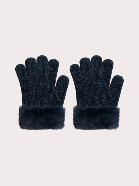 Ribbed Navy Gloves With Faux Fur Cuffs