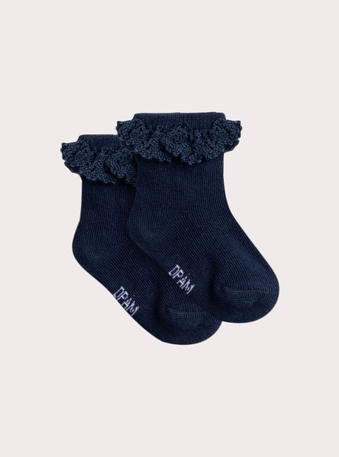 Navy Lace Cuff Cotton Rich Sock