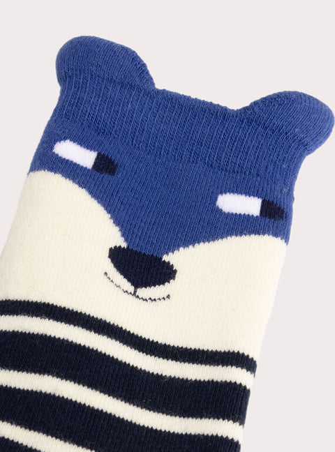 Navy Stripe Fox Animation Cotton Rich Socks