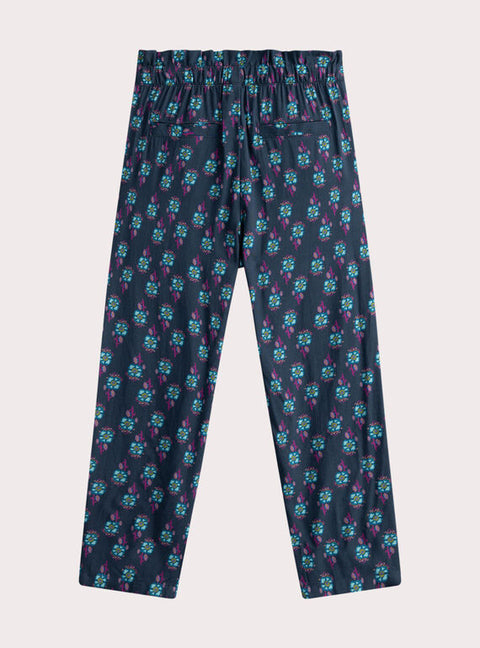 Blue Paper Bag  Waist Floral Print Viscose Trousers