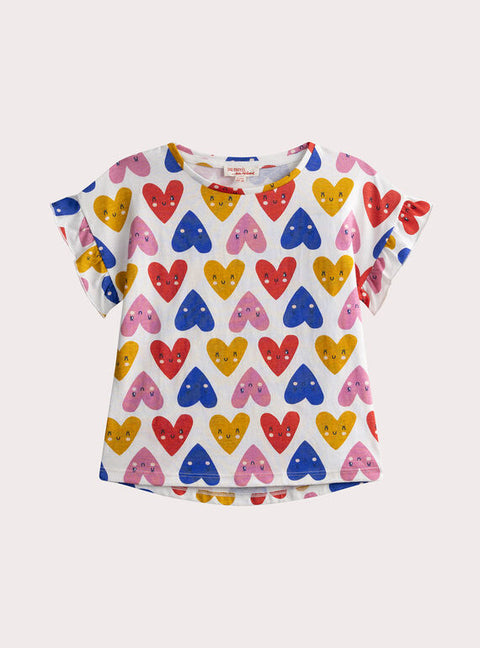 Cream Short Sleeve Heart Print Cotton T-shirt