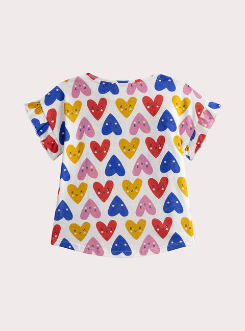 Cream Short Sleeve Heart Print Cotton T-shirt