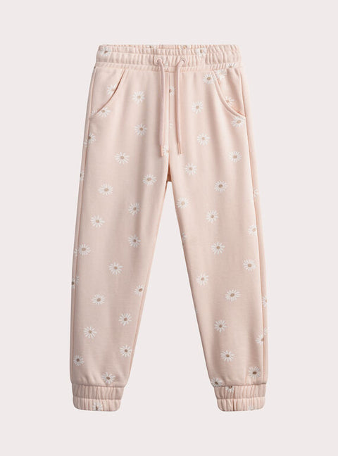 Pink Daisy Print Cotton Fleece Joggers