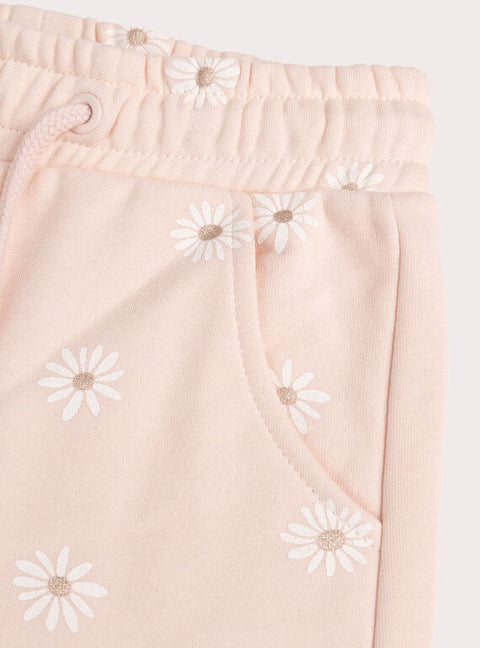 Pink Daisy Print Cotton Fleece Joggers