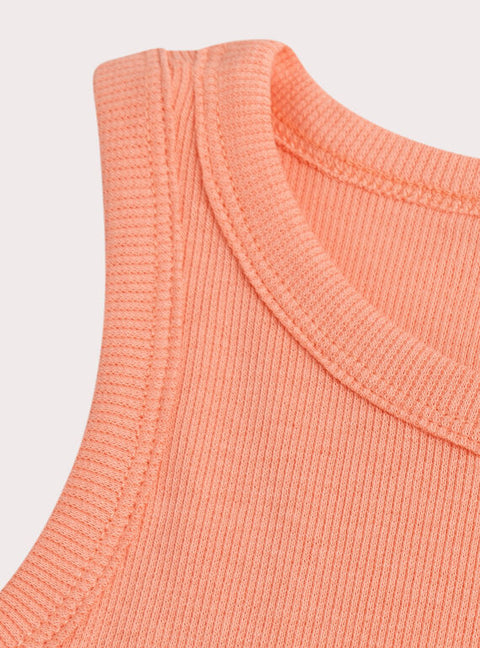 Orange Ribbed Sleeveless Cotton T-shirt