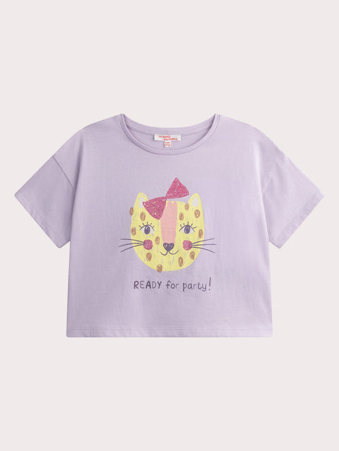 Purple Cat Print Short Sleeve Cotton T-shirt