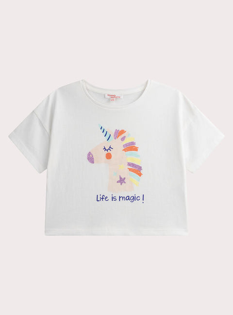 Cream Unicorn Print Short Sleeve Cotton T-shirt