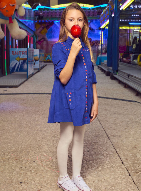 Lined Embroidered Blue Corduroy Dress