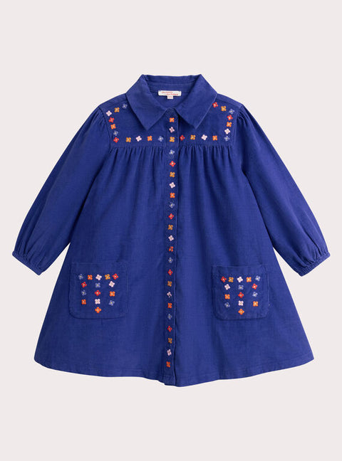 Lined Embroidered Blue Corduroy Dress